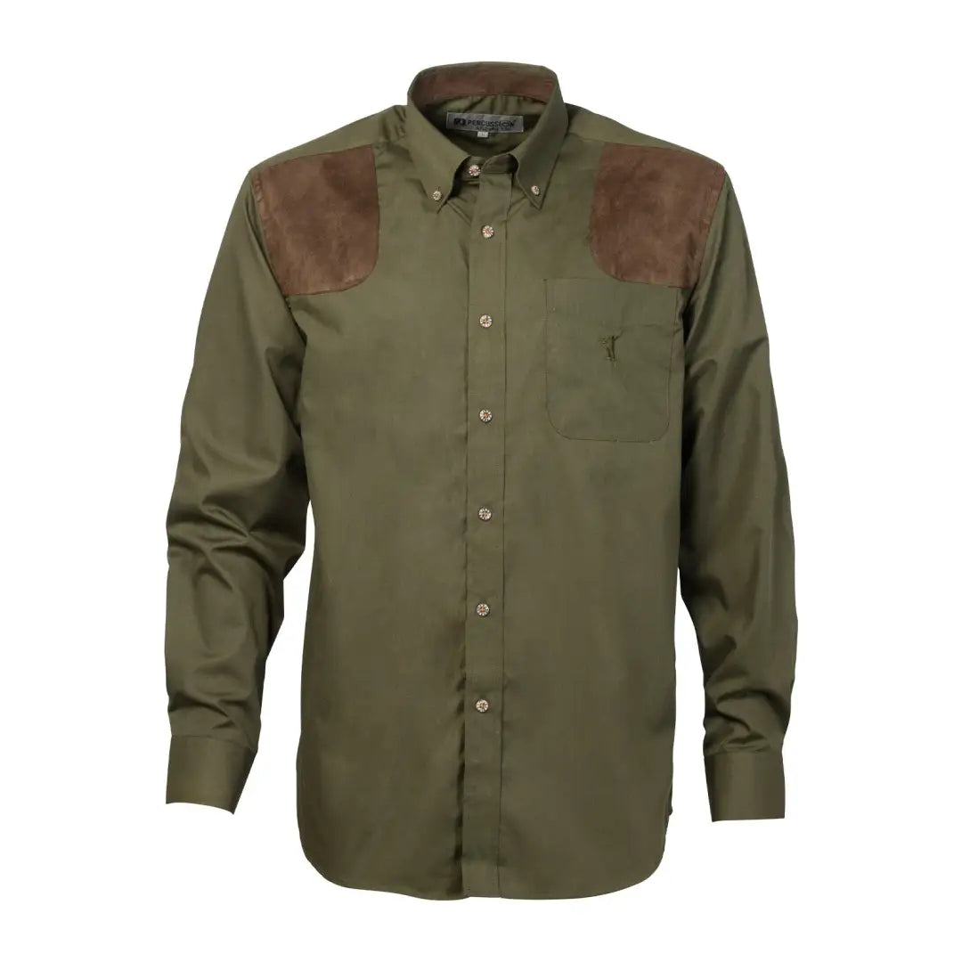 Olive green Percussion Marcilly shirt with brown shoulder patches for a stylish look