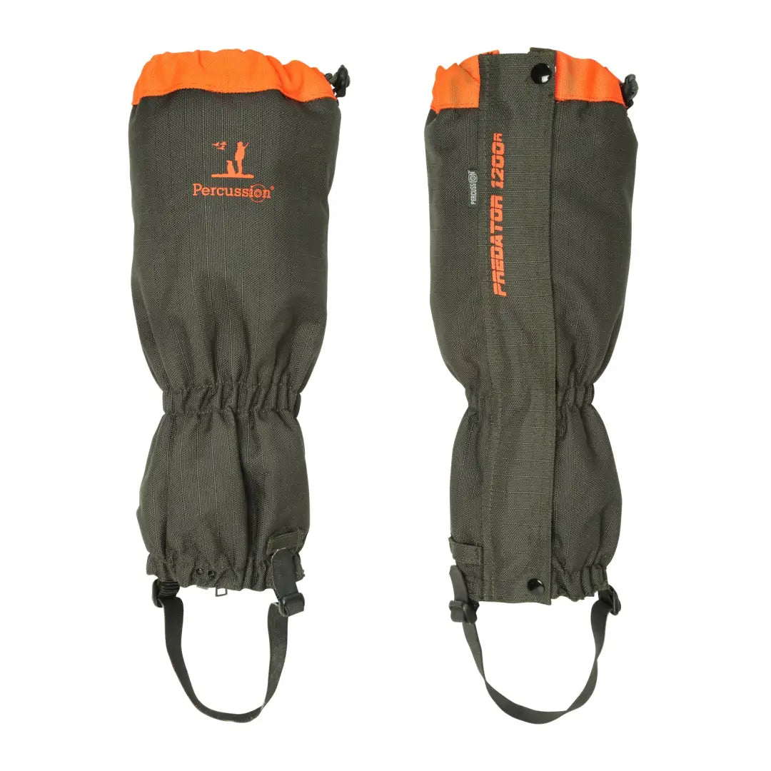 Olive green and orange Percussion Predator Gaiters with adjustable straps for outdoor use