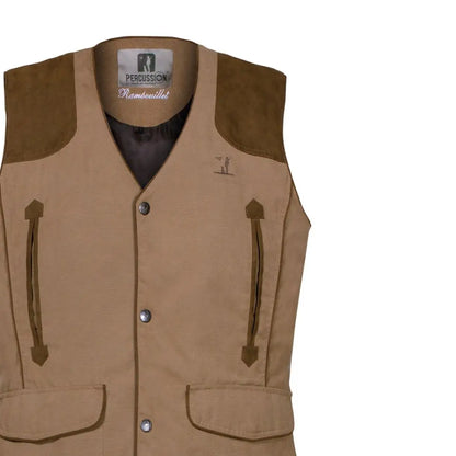 Tan Percussion Rambouillet Original Waistcoat with brown shoulder patches and button closure