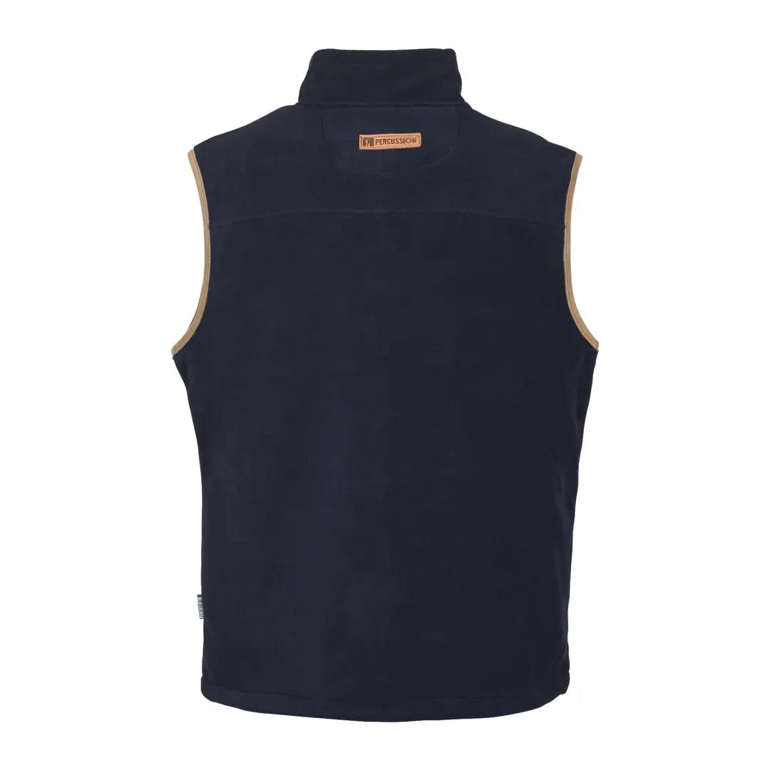 Navy blue sleeveless Percussion Scotland Fleece Vest with tan trim and high collar