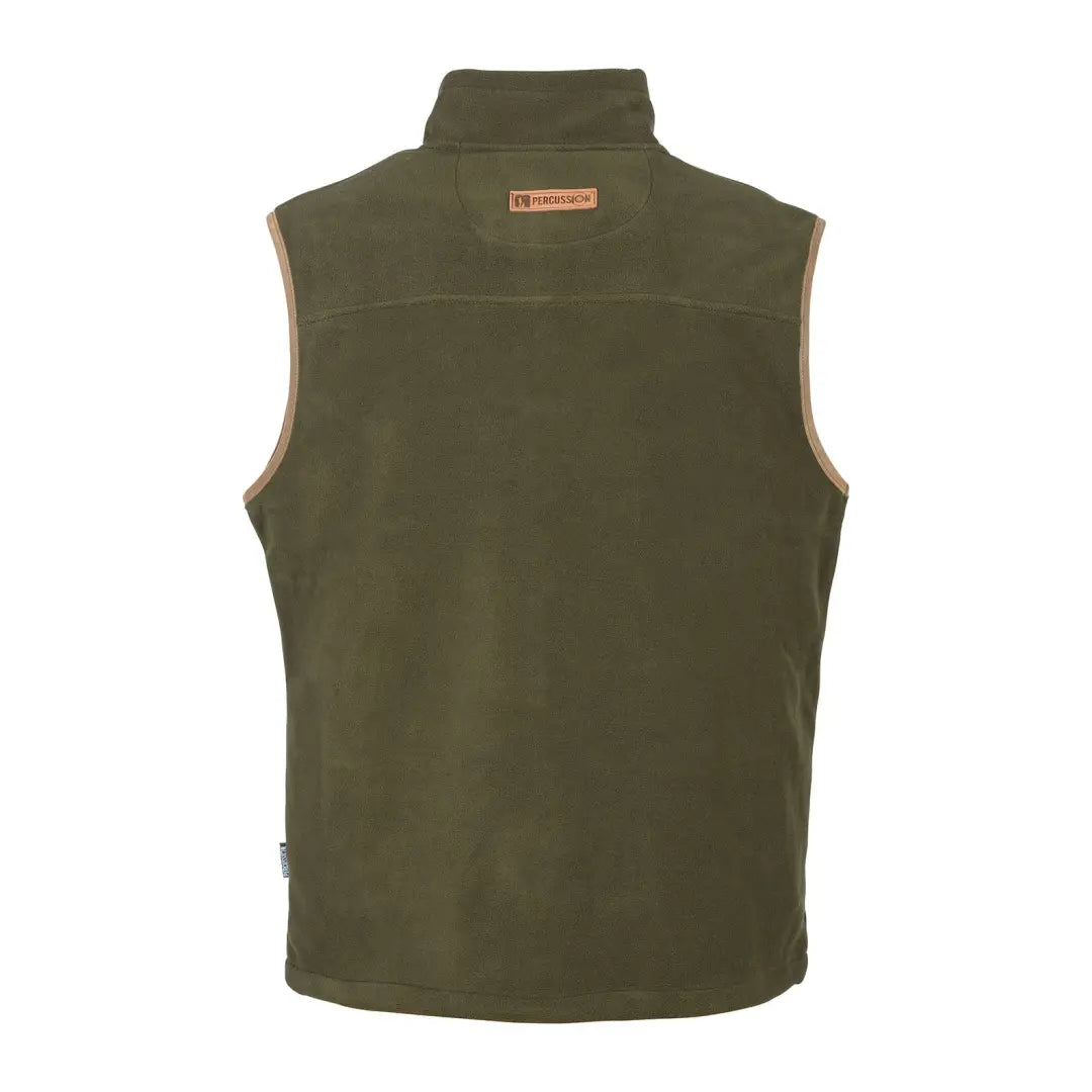 Olive green Percussion Scotland fleece vest with high collar and orange logo patch