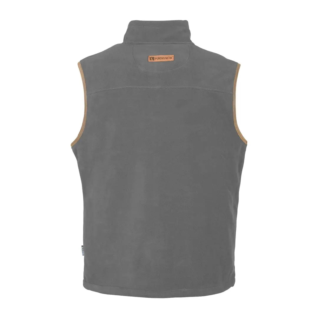 Gray sleeveless Percussion Scotland fleece vest with orange logo on the collar