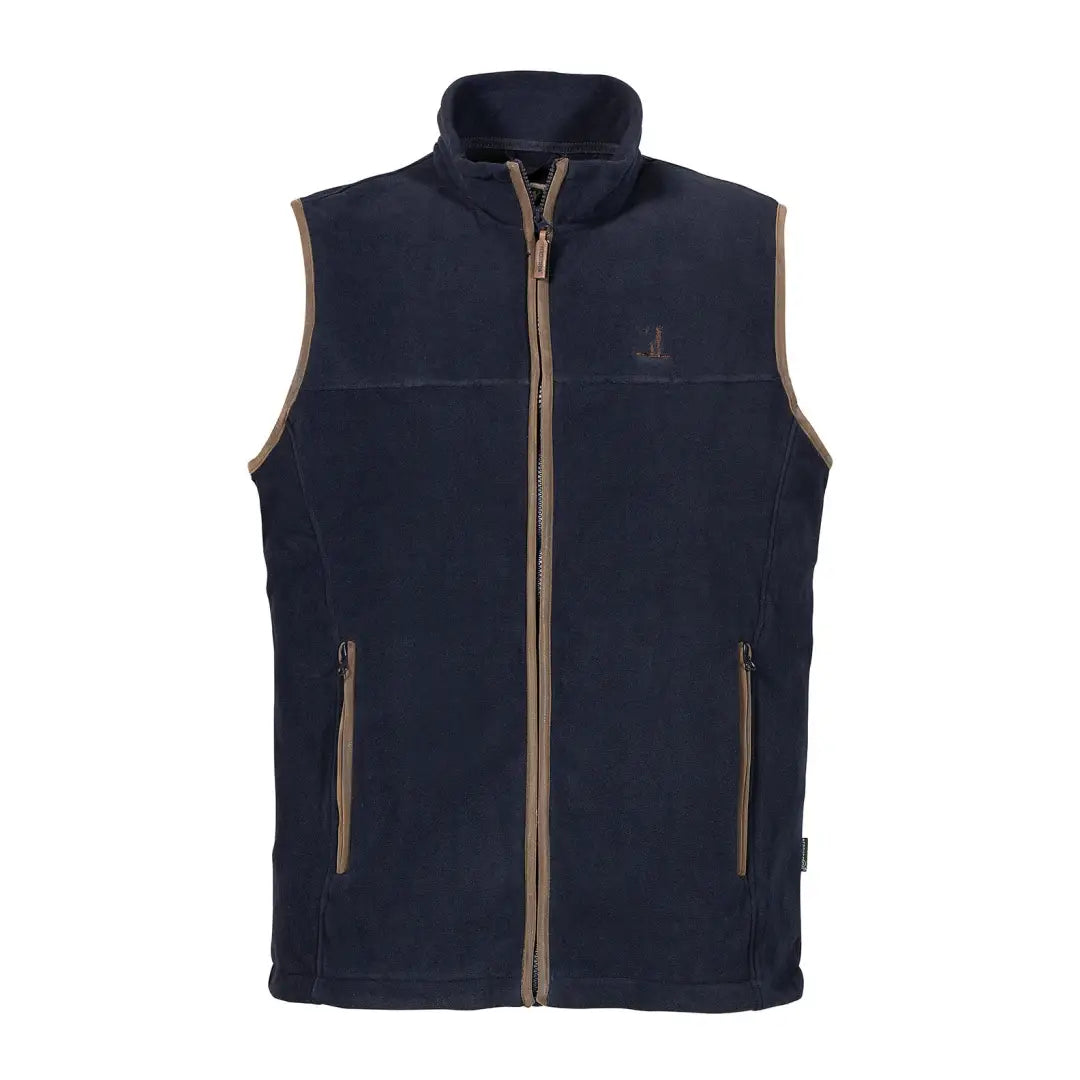 Navy blue Percussion Scotland fleece vest with brown zipper and trim for cozy style