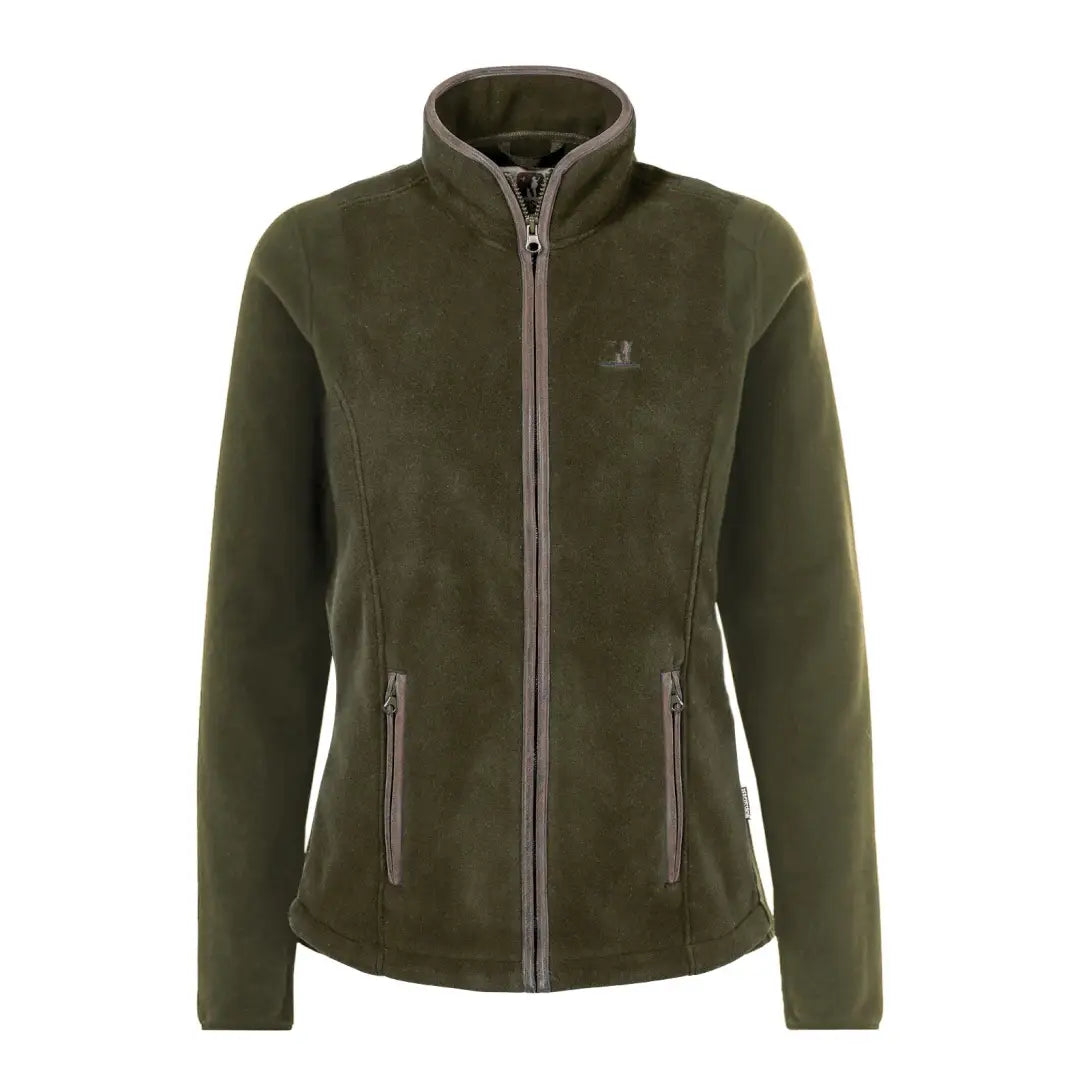 Olive green ladies fleece jacket with full-length zipper and stand-up collar