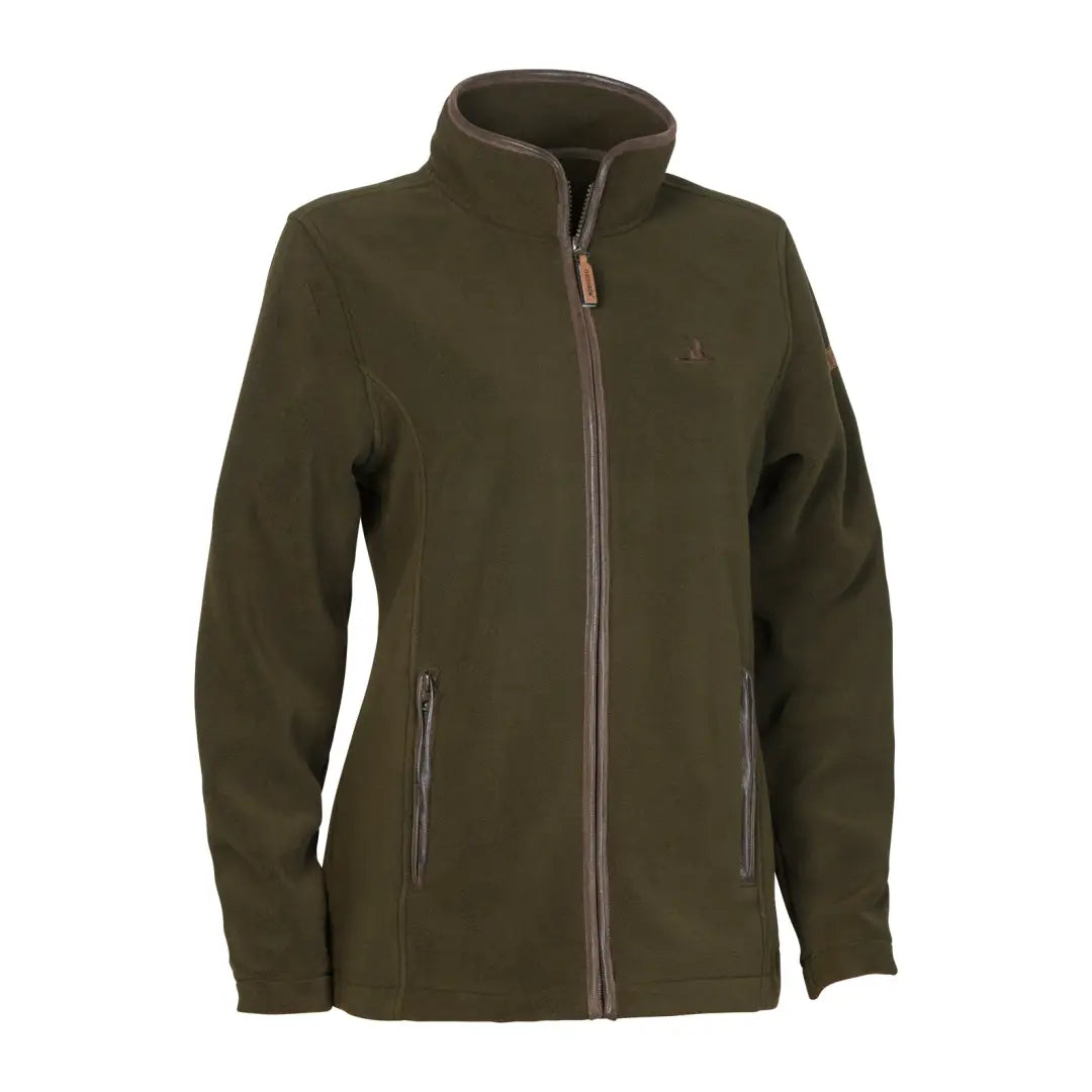 Dark green ladies fleece jacket with full-length zipper and stand-up collar