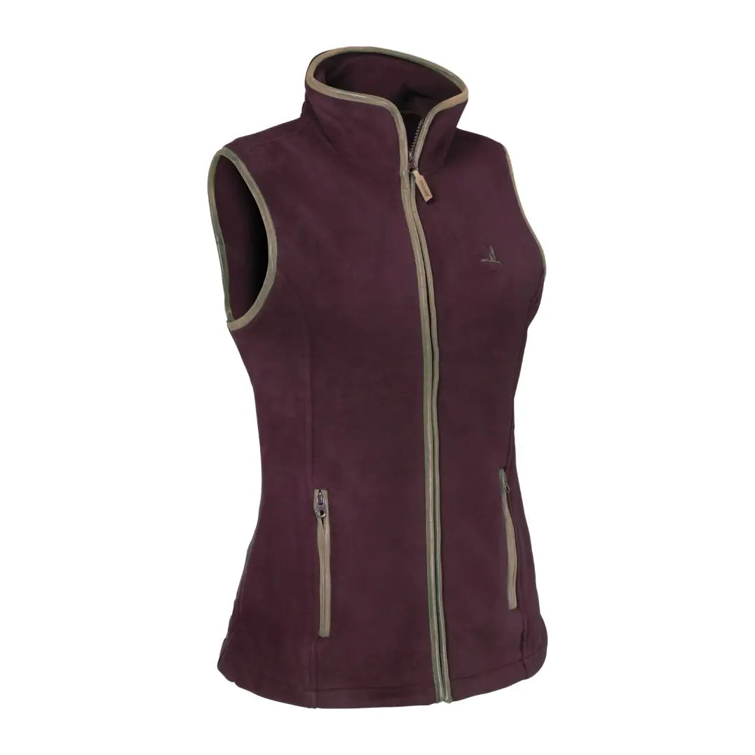 Burgundy fleece vest with tan trim and zippered pockets from Percussion Scotland Ladies