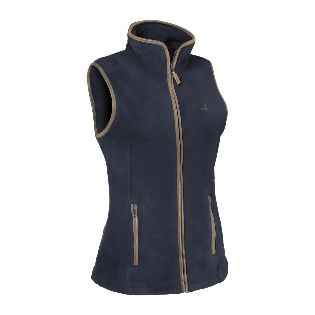 Navy blue Percussion Scotland Ladies fleece vest with tan trim and zippered pockets