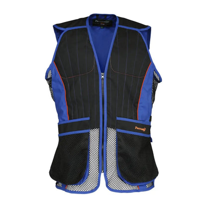 Percussion Skeet Vest with black body, blue trim, mesh panels, and zippered front