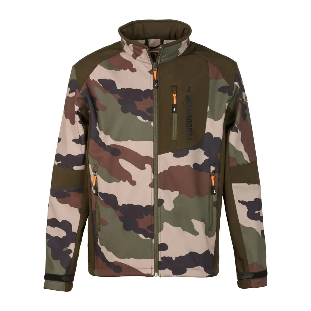 Camouflage patterned Percussion Softshell Camo Jacket with chest pocket for style and comfort