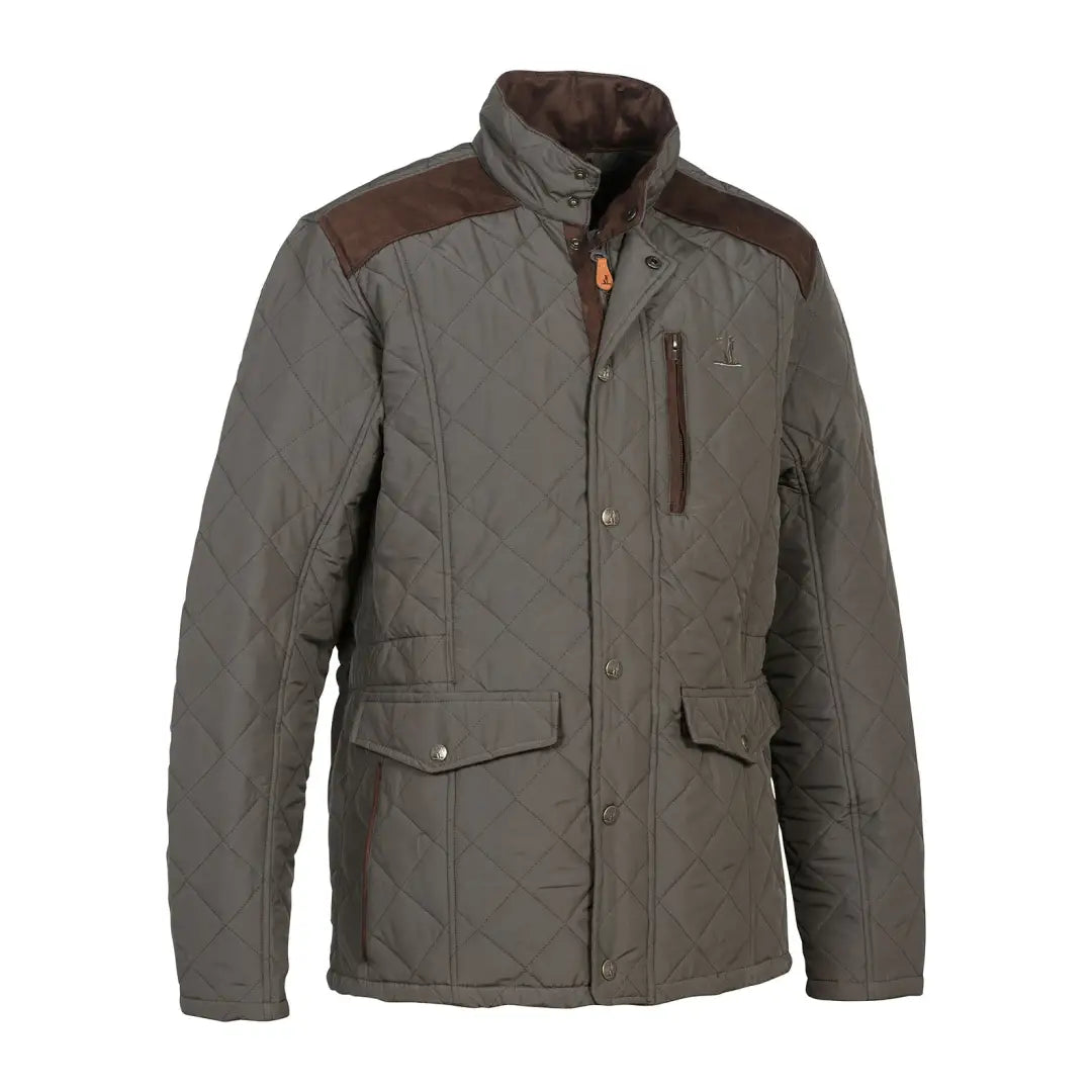 Olive green Percussion Stallion Quilted Jacket with brown patches and pockets