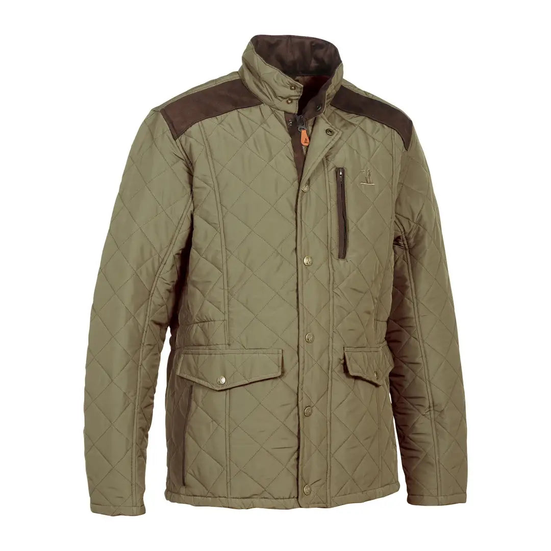 Olive green Percussion Stallion quilted jacket with brown patches and pockets