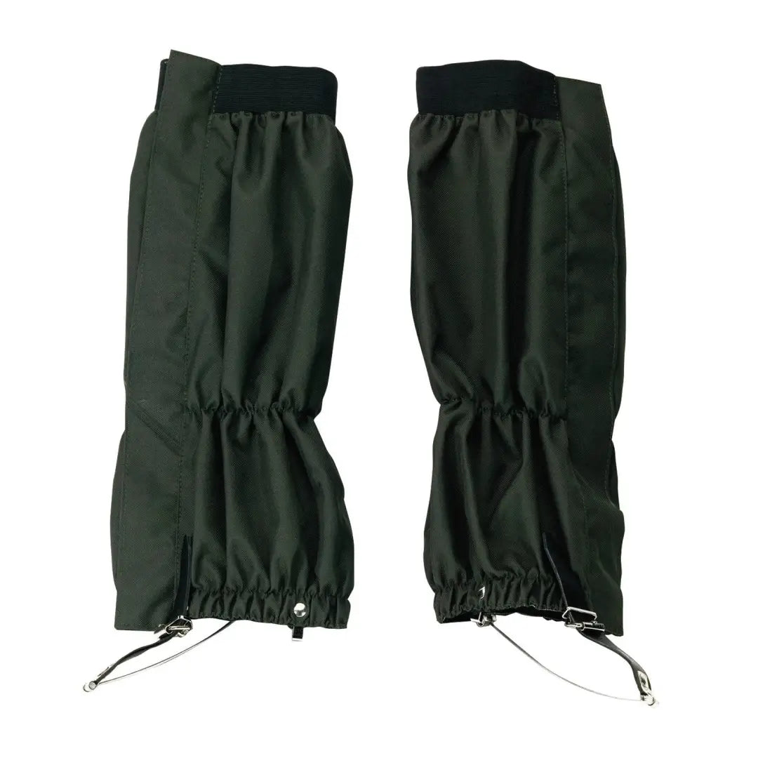 Pair of dark green waterproof gaiters for hiking or outdoor activities.