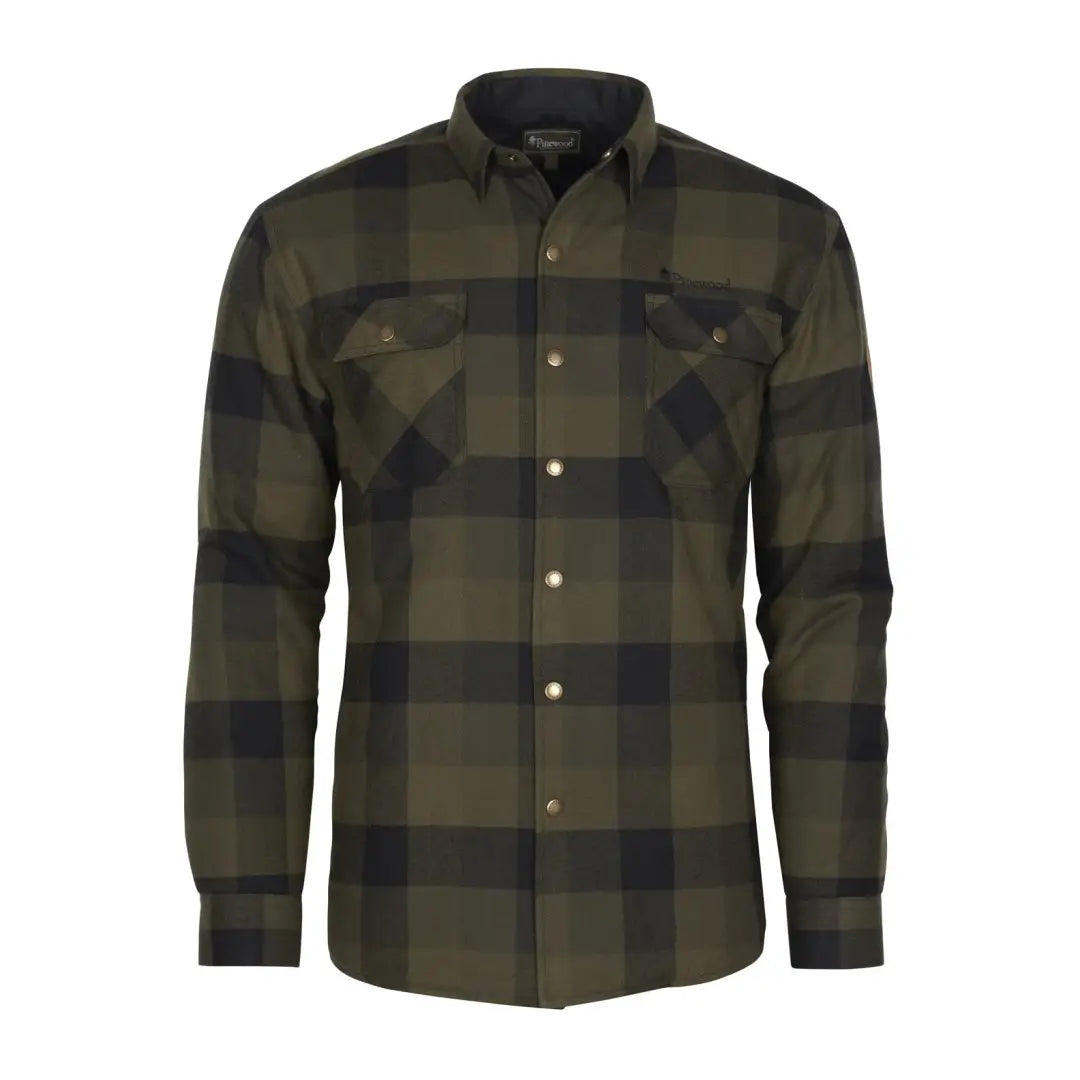 Olive green and black plaid button-up Padded Shirt for hunting and country clothing