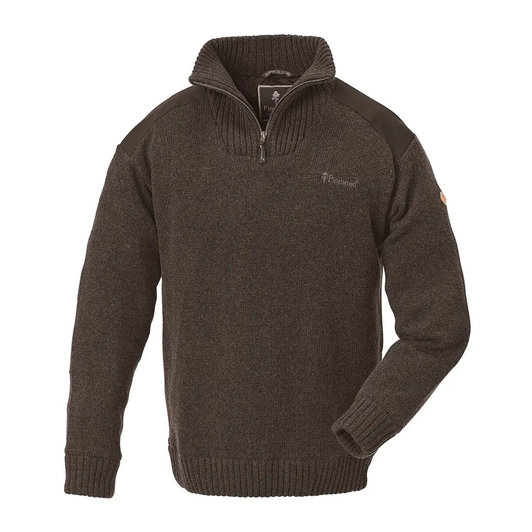 Dark brown Pinewood Hurricane windproof sweater with high collar and half zip design