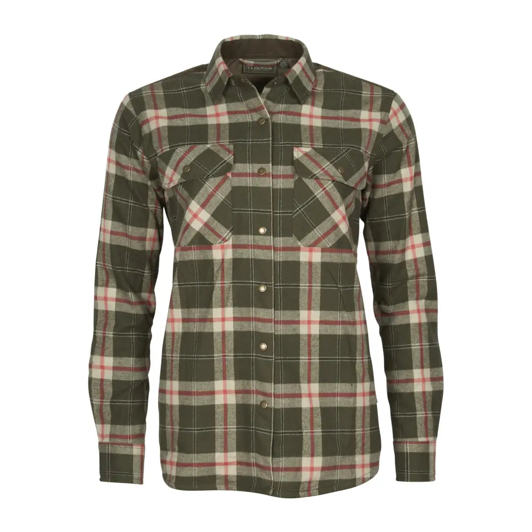 Green plaid flannel Pinewood Ladies Douglas Shirt with pink accents, perfect for country clothing