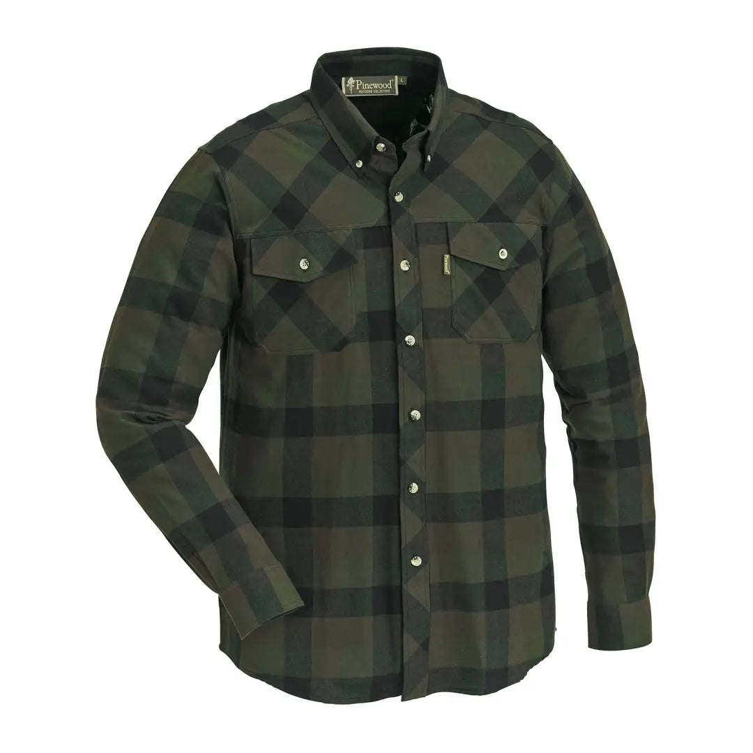 Green and black plaid Pinewood Lumbo Shirt featuring stylish flannel pattern and pockets