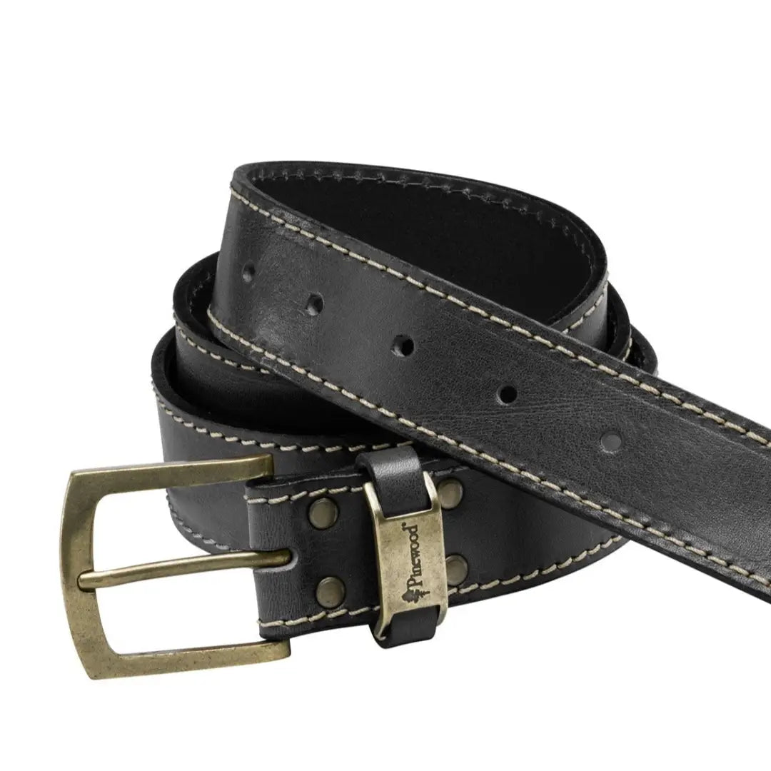 Black leather Pinewood Prestwick Belt with brass buckle, perfect for country clothing and outdoors