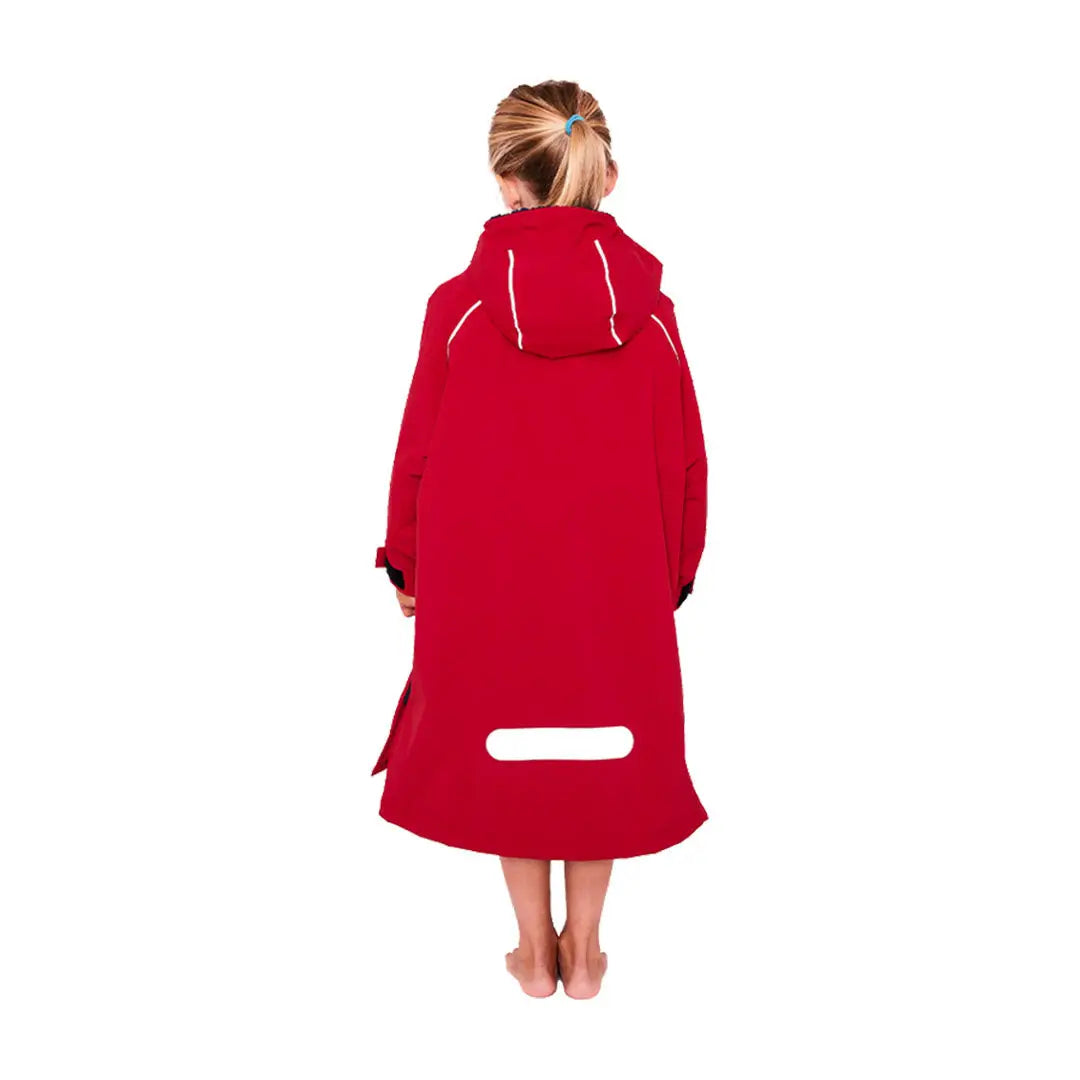 Red Kids Dry Poncho on a person seen from behind, perfect for quick drying after swim fun