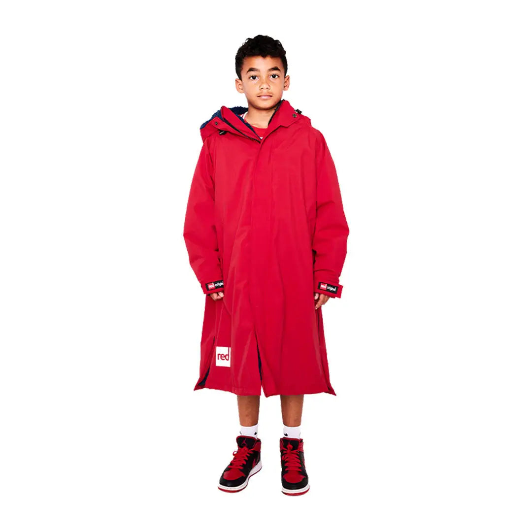 Bright red hooded kids Pro Robe extending to knee length for stylish rainy days