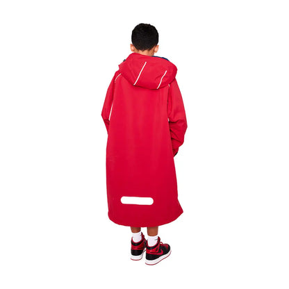 Bright red hooded raincoat worn from behind, showcasing the Kids Pro Robe style