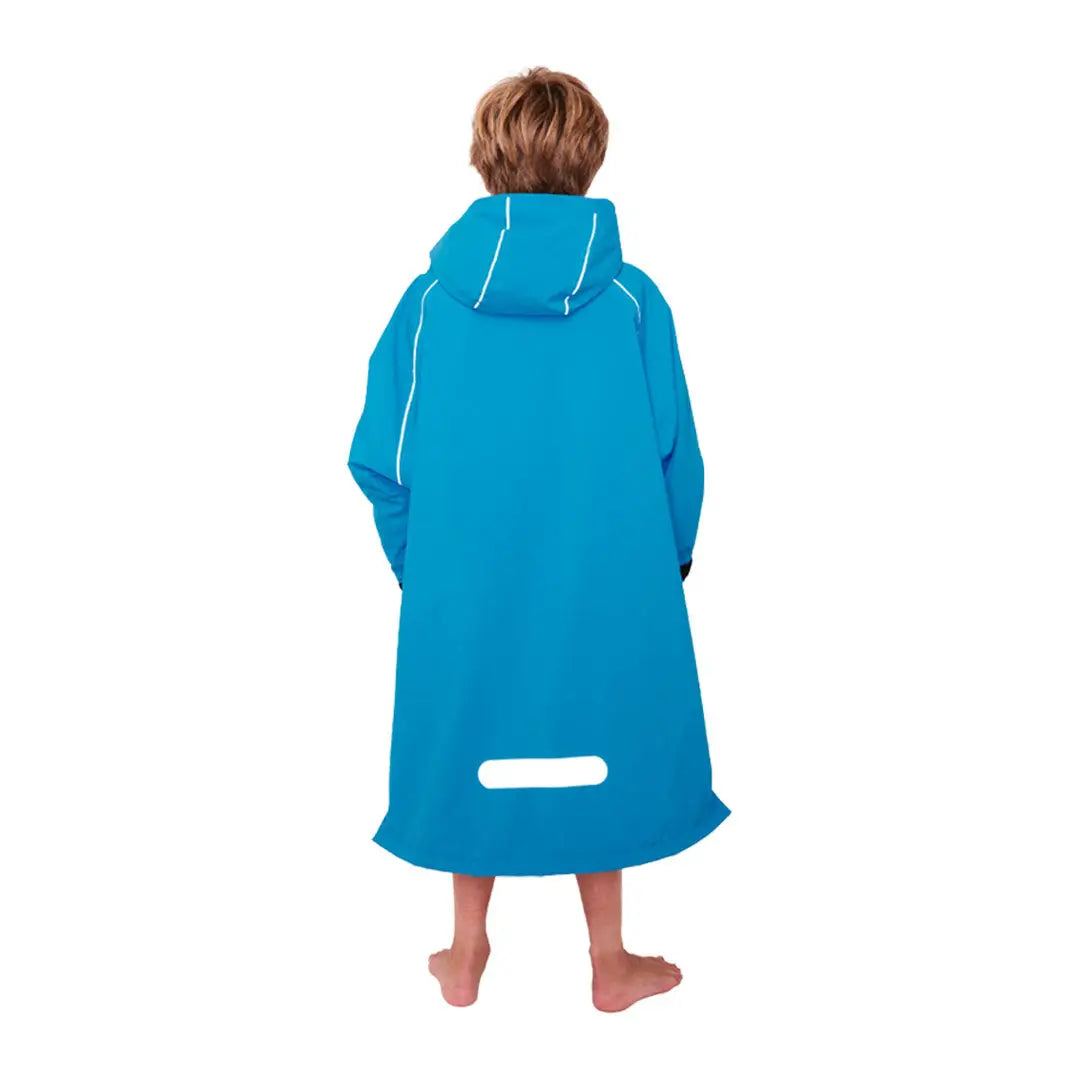 Bright blue Kids Dry Pro Robe worn by a person from behind, perfect for drying off