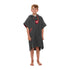 Young person in gray luxury towelling poncho with red logo and accents