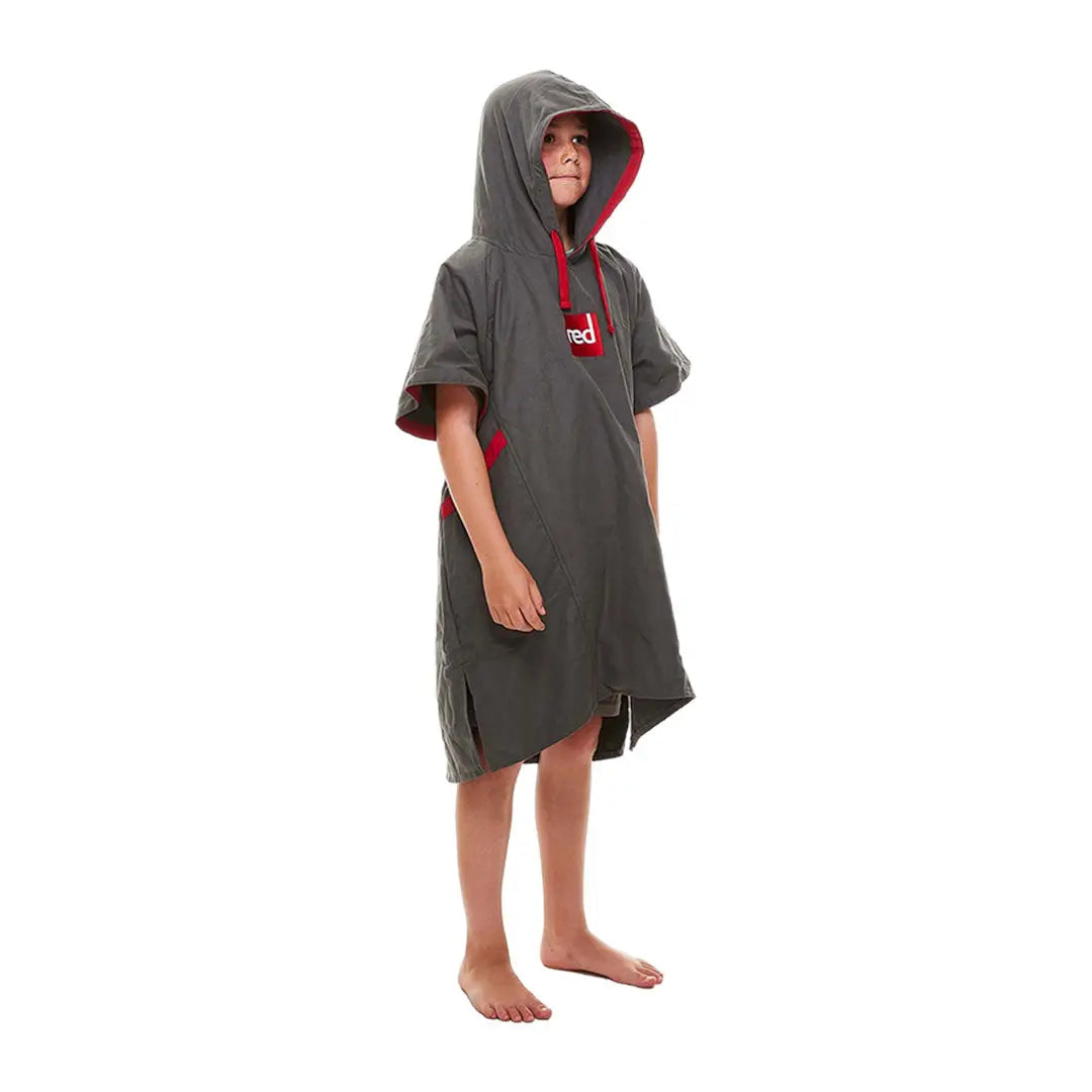 Kids quick dry microfibre changing robe with gray and red hooded towel poncho design