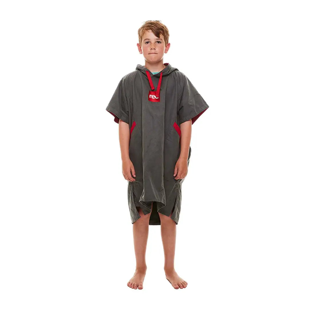 Hooded towel poncho with gray and red, perfect for quick dry adventures for kids