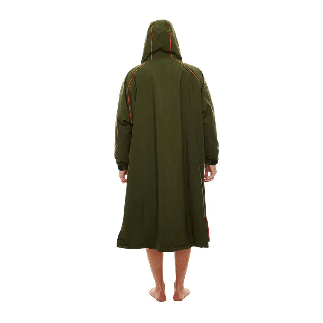 Long hooded olive green robe viewed from behind, showcasing the Red Pro Change style