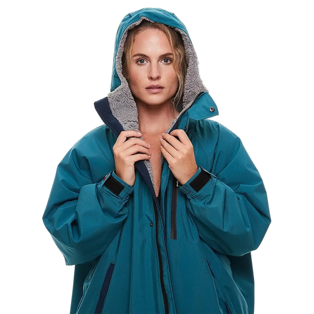 Teal hooded winter coat with gray lining from Red Pro Change for outdoor professionals