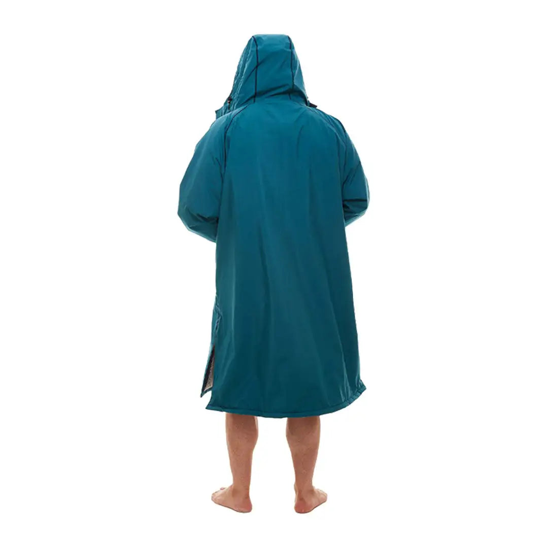 Teal changing robe worn by a person, perfect for outdoor professionals with Red Pro Change