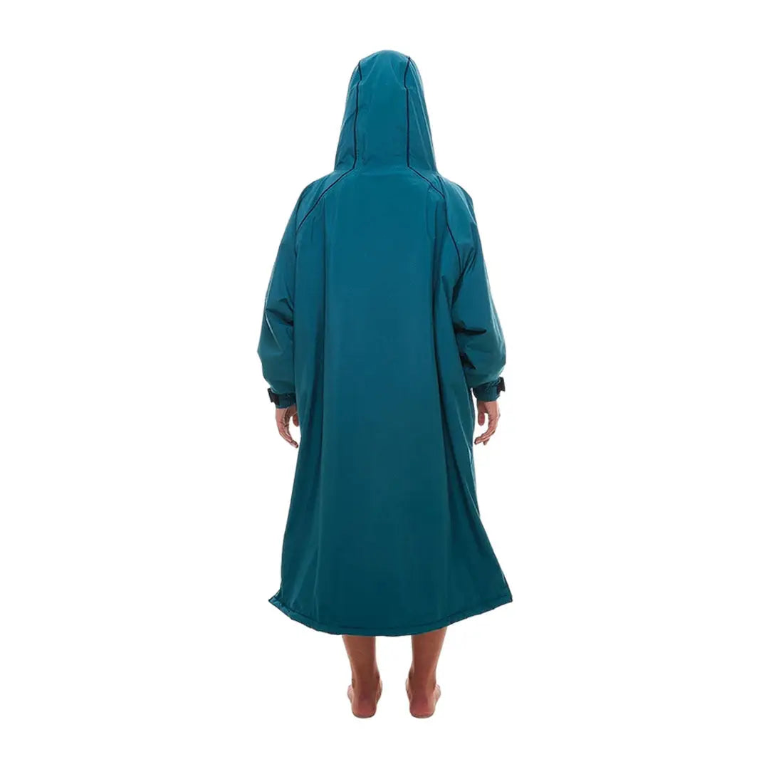 Teal hooded bathrobe on a person, perfect for outdoor professionals and changing robes