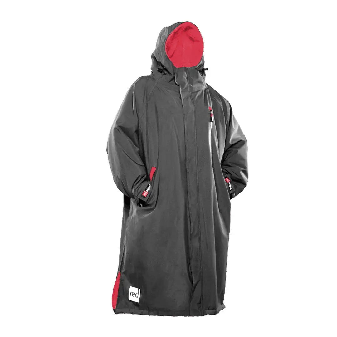 Gray waterproof Change Robe with red accents and a hood for outdoor adventures