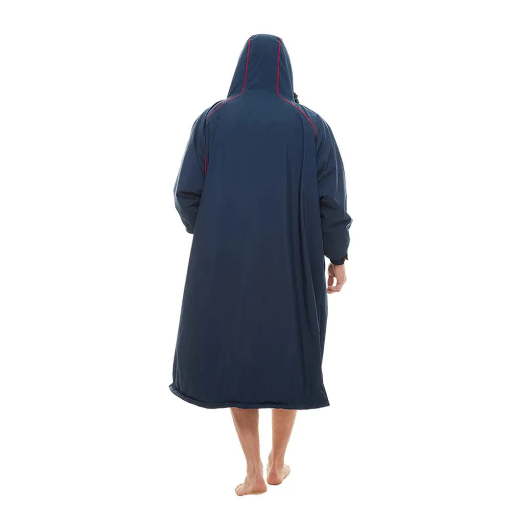 Navy blue hooded changing robe from the back, perfect for post-swim comfort in the Evo evolves line