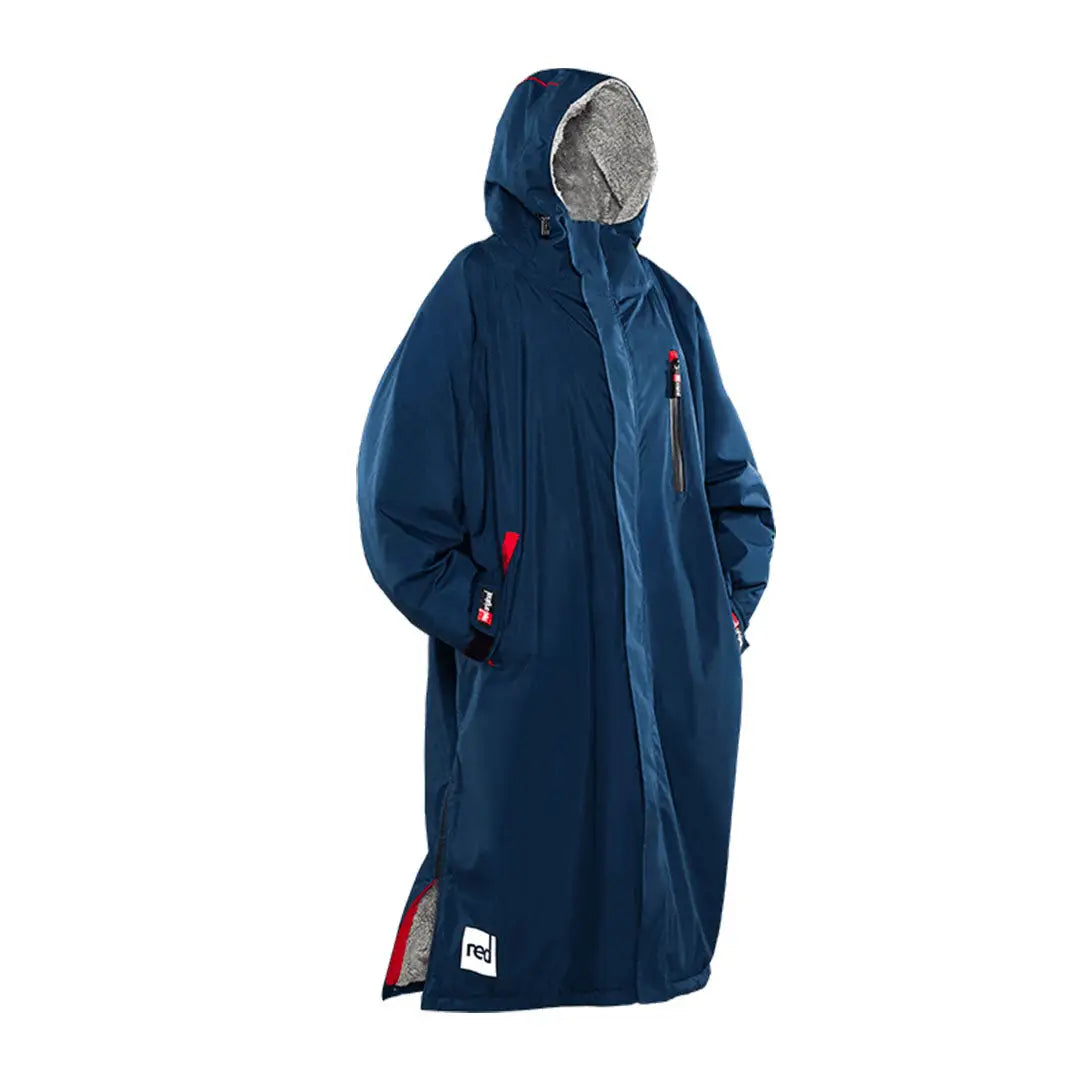 Navy blue hooded winter coat with red accents, perfect for your Evo Evolve changing robe