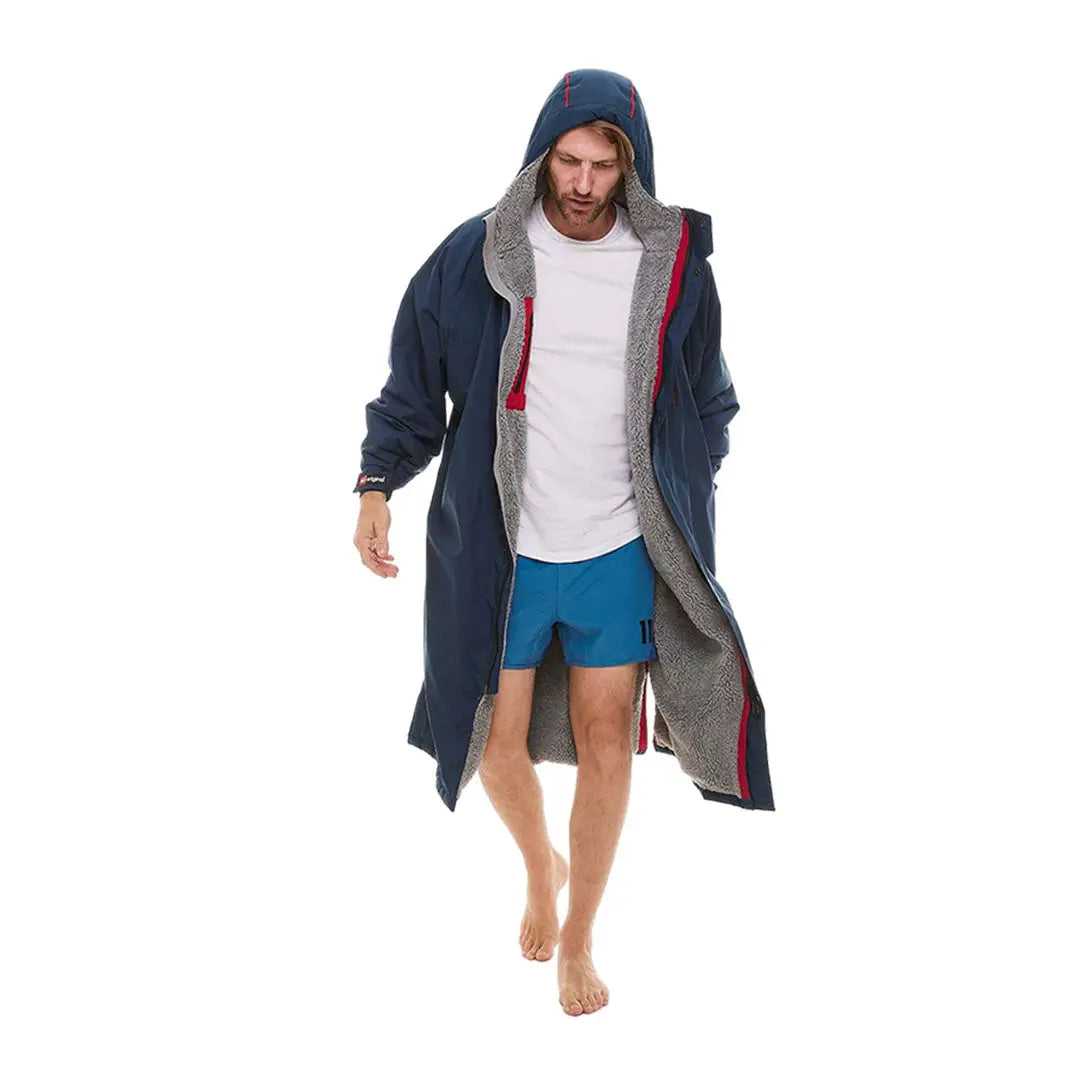 Navy blue changing robe with gray lining and red accents, perfect for the Evo evolves vibe