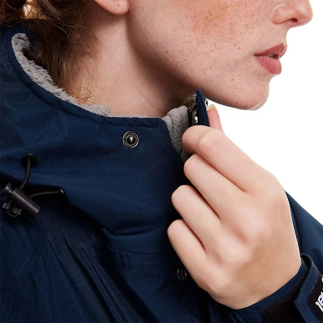 Navy blue winter coat with high collar, perfect for your changing robe needs