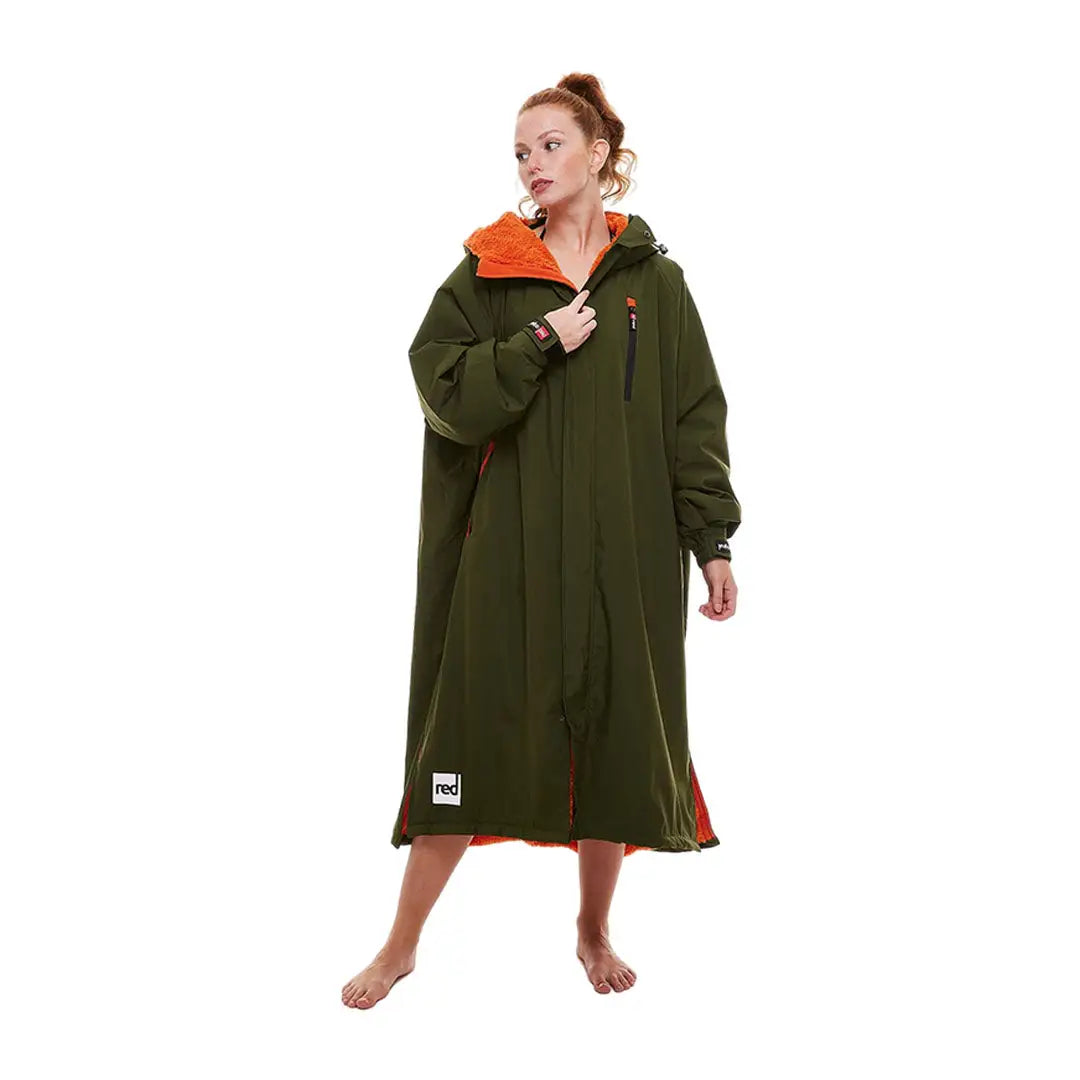 Olive green hooded changing robe with orange lining from Red Pro Change Long Sleeve Evo Jacket