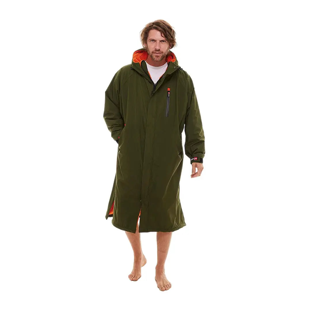 Long green hooded robe with orange accents from the Red Pro Change Long Sleeve Evo Jacket