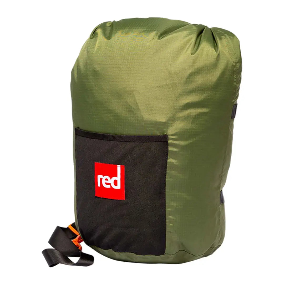 Olive green waterproof dry bag with red logo, perfect for your Pro Change Robe stash bag