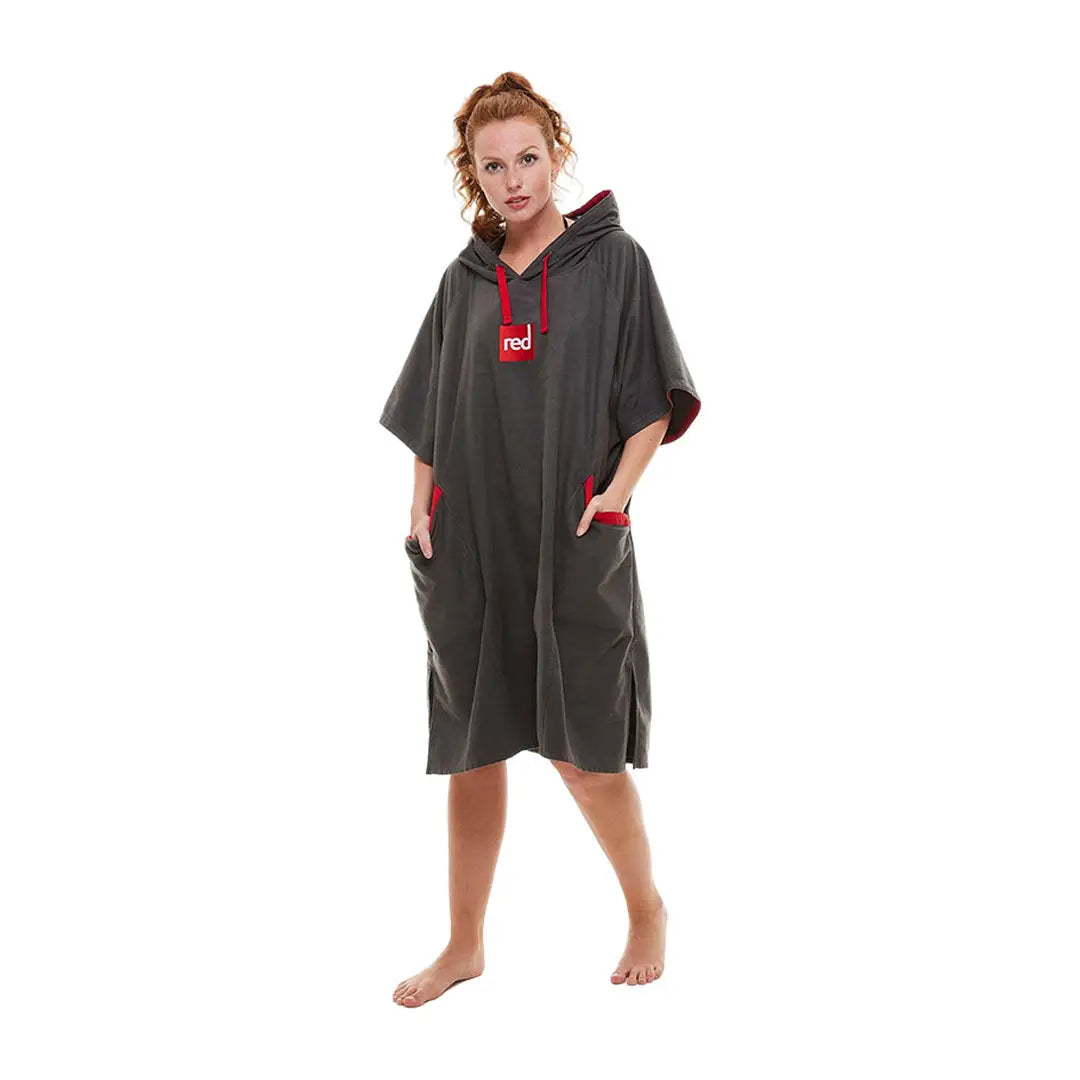 Gray hooded microfibre changing robe with red logo and front pockets for quick drying