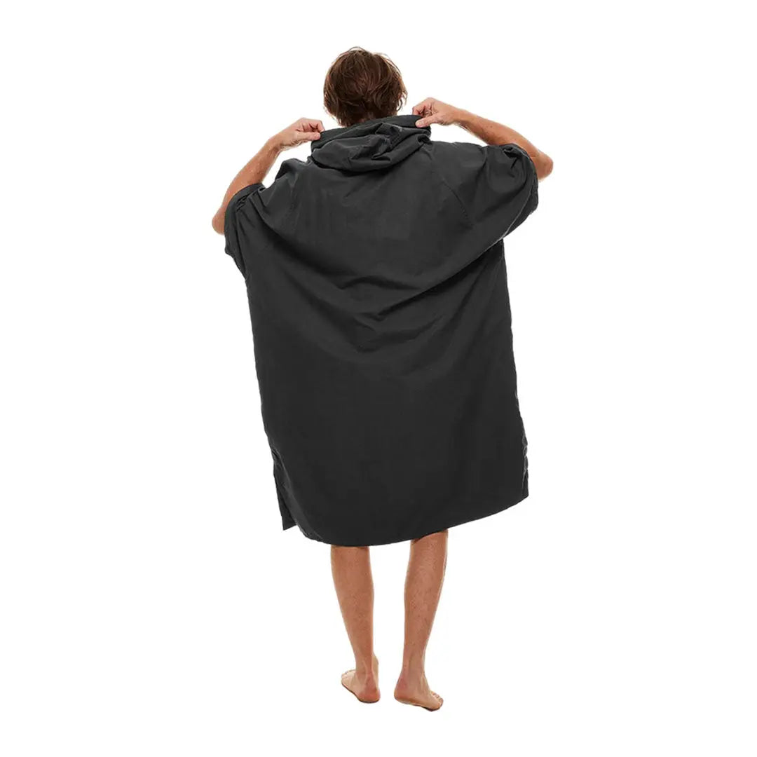 Person wearing a hooded Black Microfibre Changing Robe from the back