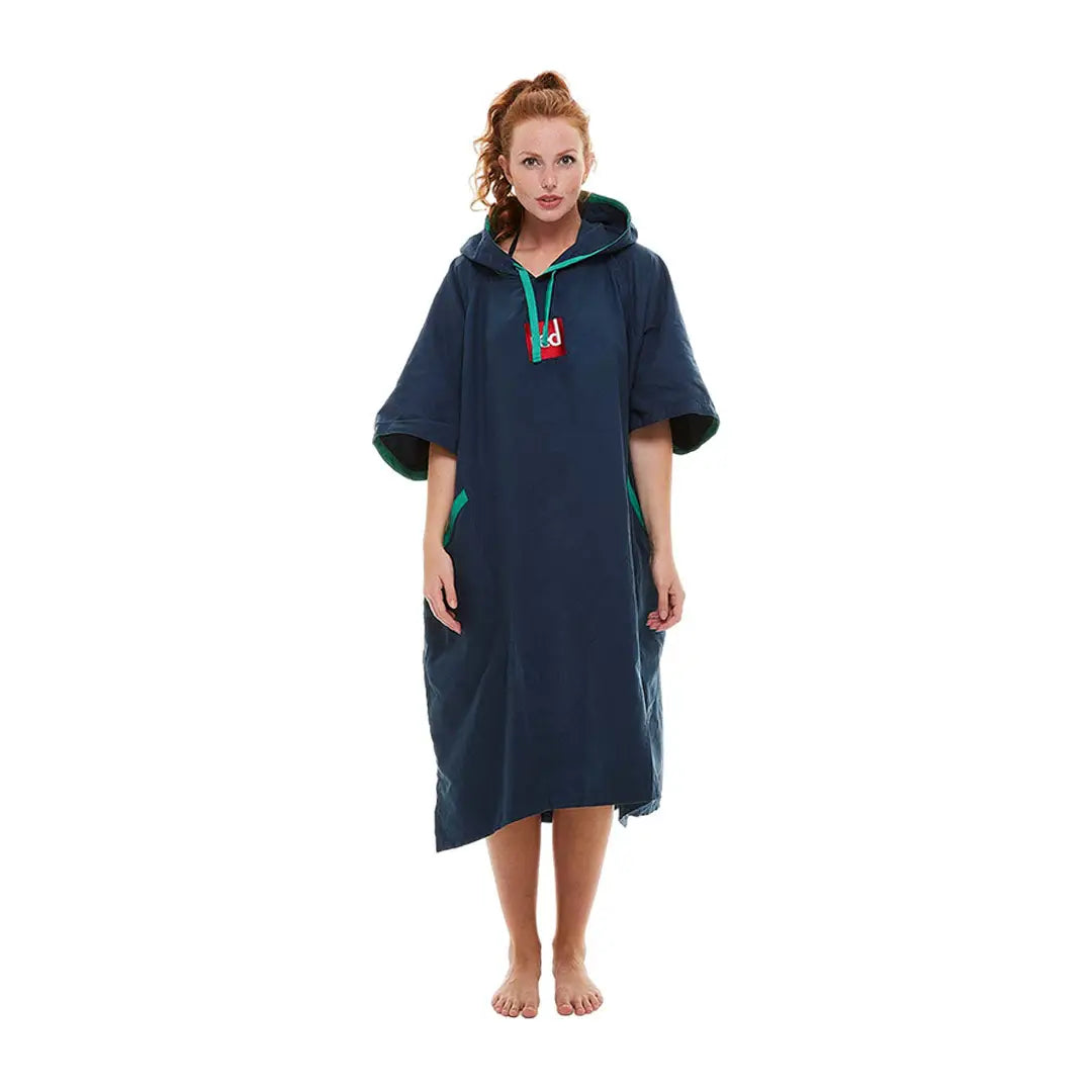 Navy blue microfibre changing robe poncho with colorful tassels and short sleeves