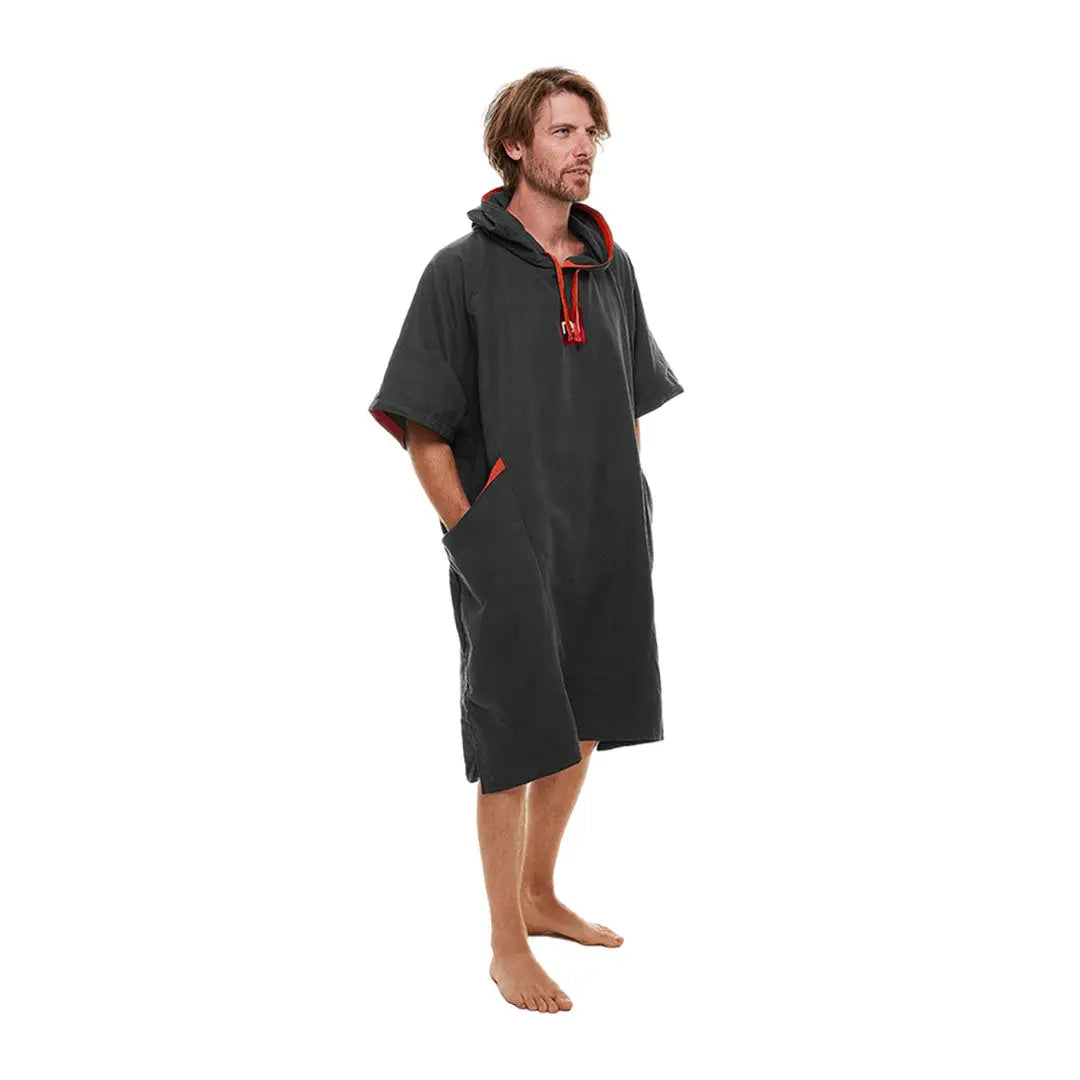 Person wearing a Red Quick Dry Microfibre Changing Robe with pockets and hooded design