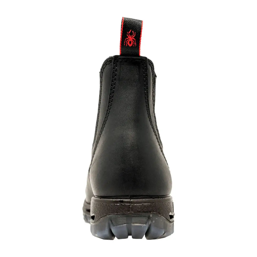 Black leather Chelsea boot with chunky sole and red spider logo for Redback safety style boot