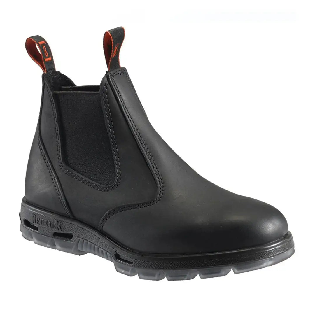 Black leather Chelsea work boot with chunky sole, perfect Redback Bobcat Soft Toe boots