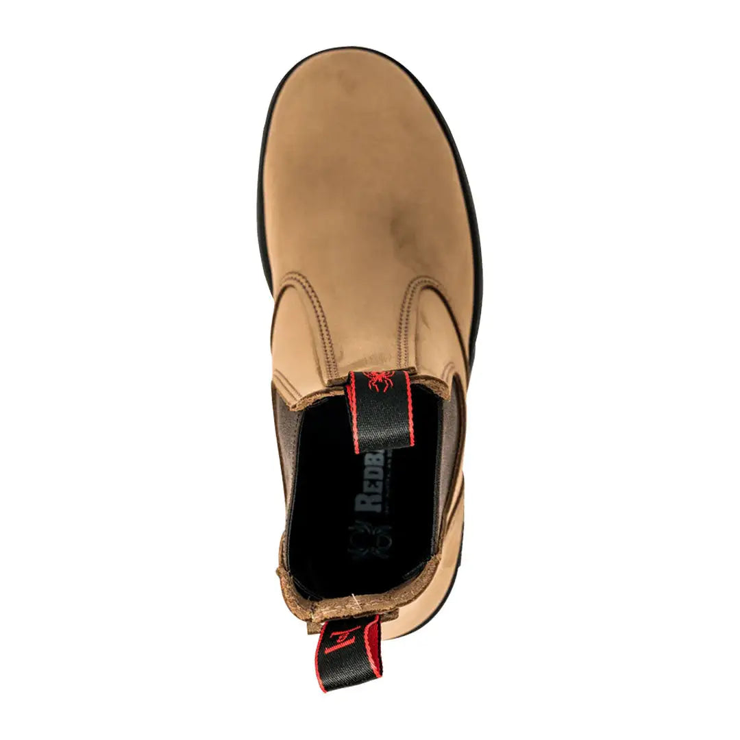 Tan leather Chelsea boot with black panels and red tab, perfect for Redback Bobcat Soft Toe