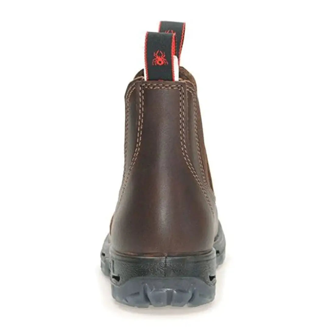 Brown leather Chelsea boot with thick sole and red pull tab from Redback Bobcat Soft Toe