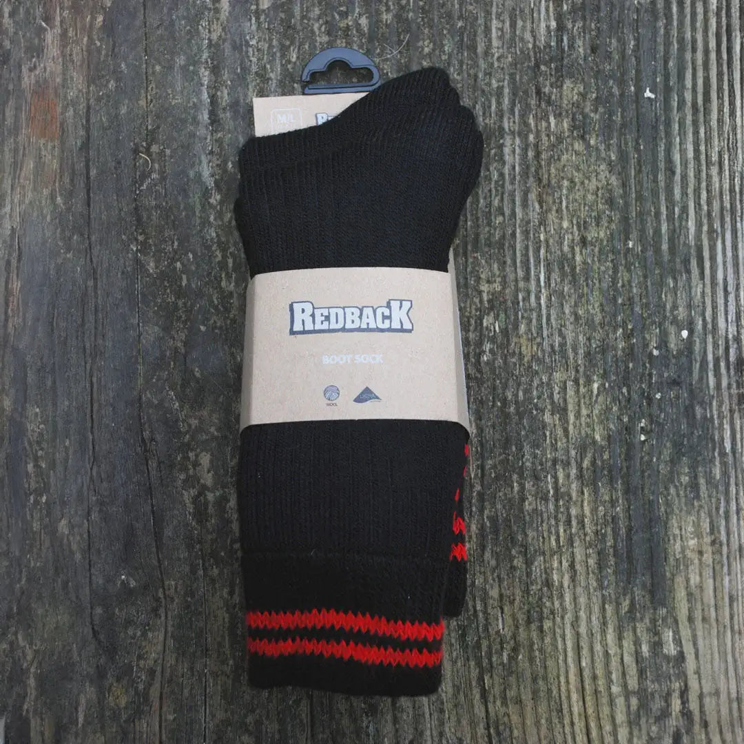 Black Redback Boot Socks with red stripes, perfect for stylish comfort in any boot