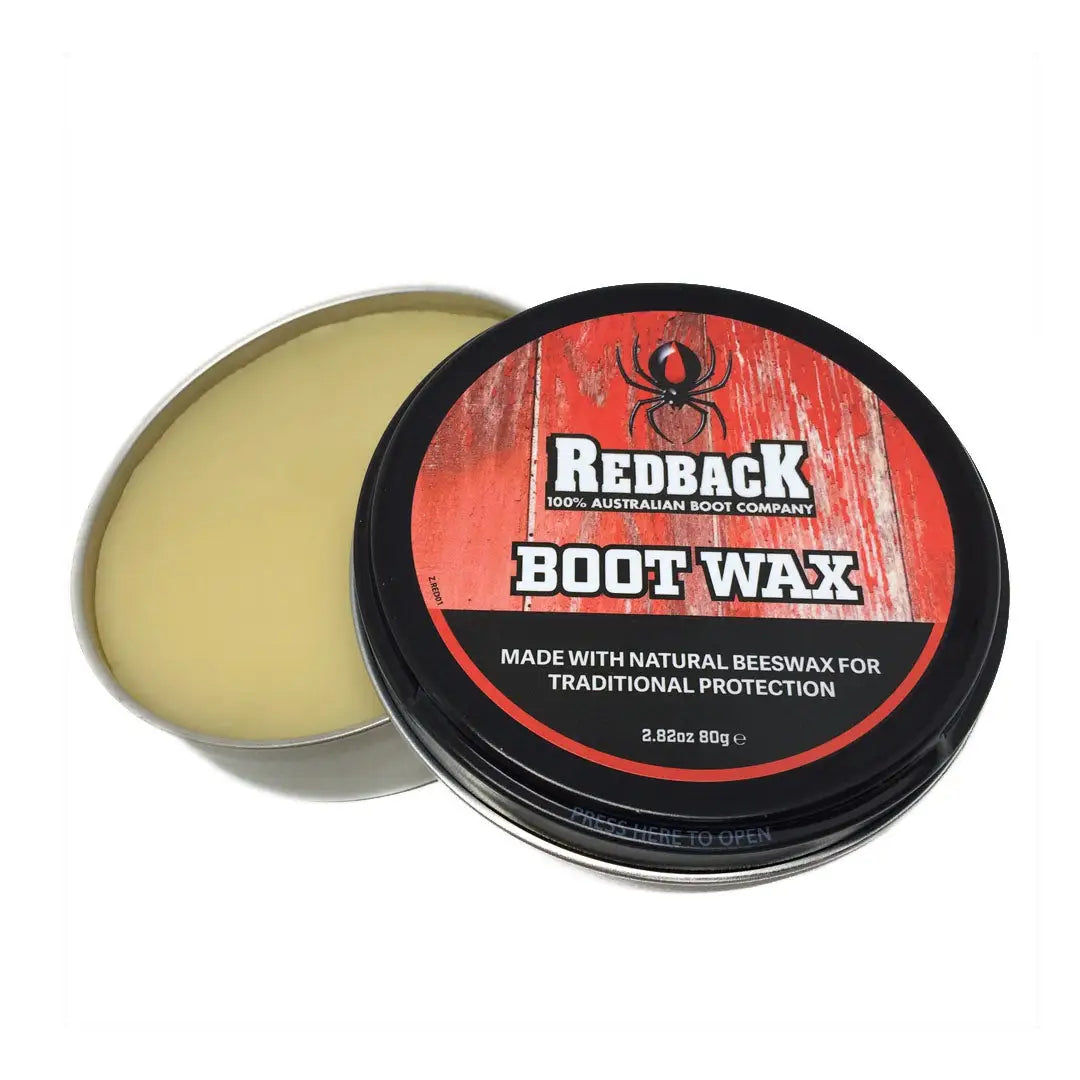 Redback Boot Wax 80g Tin with yellow wax inside made from natural ingredients including bees’ wax